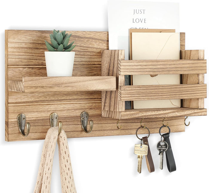 Mail Organizer for Wall Mount – Key Holder with Shelf Includes Letter Holder and Hooks for Coats, Dog Leashes – Rustic Wood with Flush Mounting Hardware (16.5” x 8.7” x 3.5”)