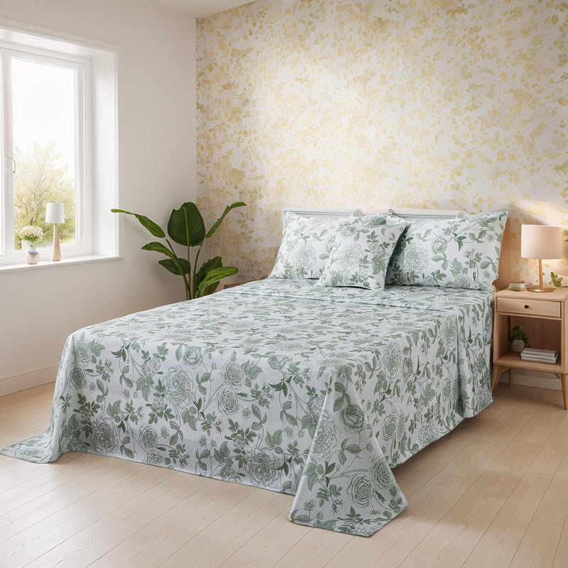 FADFAY Shabby Floral Bedding Elegant Peony Sheets Set Luxury Bedding Collections 100% Egyptian Cotton Deep Pocket, 4 Piece-King Size