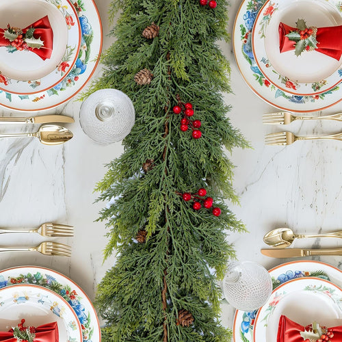 Artificial Cedar Christmas Garland Real Touch Realistic Soft and Thickness Garland Faux Full Greenery Holiday Garland for Mantel, Fireplace, Front Door, Indoor Outdoor Xmas Decoration (9FT)