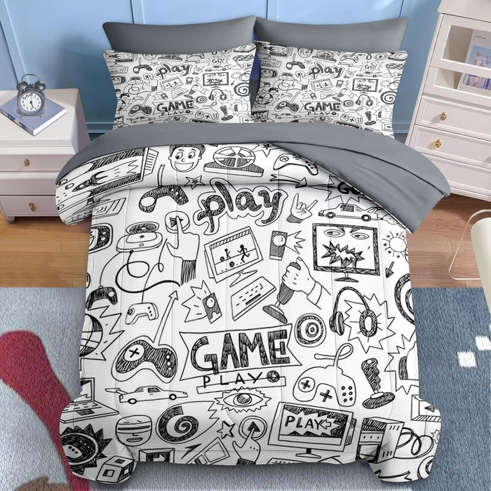 Nesker 7 Pcs Comforter Set Full Size, Computer Games Doodles Bedding for Kids Teen, Gamer Gaming Blackwith Fitted Sheet 2 Pillowcases & 2 Shams for Bedroom Bed Decor