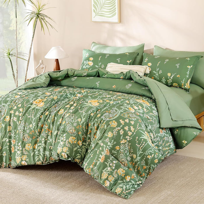 Yiran Blue Floral Comforter Set Queen Size, 7 Piece Watercolour Botanical Comforter Bedding Set, Bed in a Bag Queen, Soft Microfiber Complete Bedding Set with Sheets for All Season