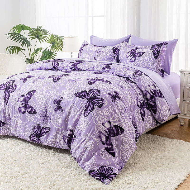 ARTALL Bed in A Bag Full/Queen Size 7 Pieces, Purple Big Butterfly Bedding Comforter Set All Season Bed Set with Comforter, Pillow Shams, Flat Sheet, Fitted Sheet, Pillowcases