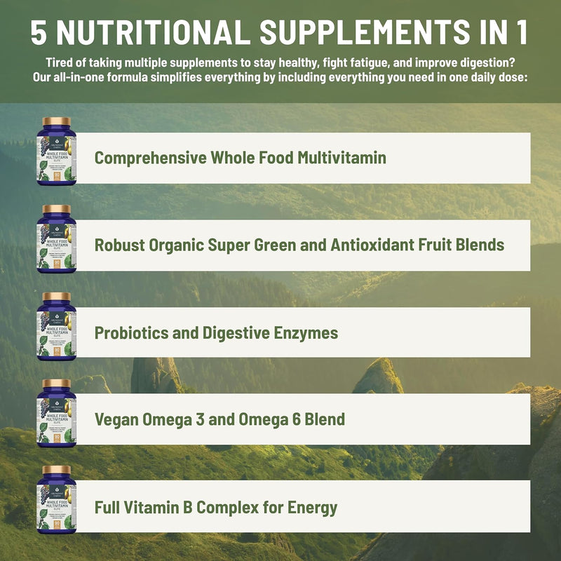 Whole Food Multivitamin for Women, Daily Multi Vitamins Supplements for Men/Mens Multivitamins + B Complex, Probiotic Multi Enzyme, Omegas for Organic Energy, Mood, Digestion 90ct