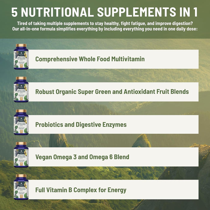 Whole Food Multivitamin for Women, Daily Multi Vitamins Supplements for Men/Mens Multivitamins + B Complex, Probiotic Multi Enzyme, Omegas for Organic Energy, Mood, Digestion 90ct
