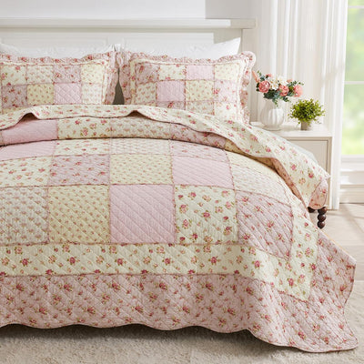 Cozyholy Queen Size Quilt Set 3-Piece, 100% Cotton Patchwork Quilt, Pink Floral Reversible Shabby Chic Bedding Bedspread for All Season, Soft Quilted Blanket with 2 Pillow Shams Machine Washable