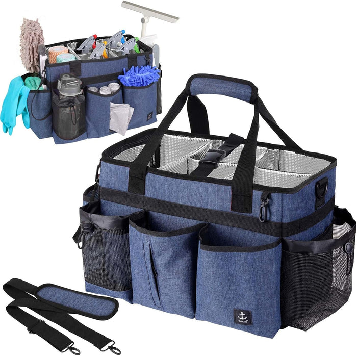 Large Cleaning Caddy Bag Built-in Sturdy Support Board, Cleaning Organizer with Detachable Divider, Cleaning Supply Tote with Adjustable Shoulder Strap&Waist Belt for Cleaners & Housekeeper