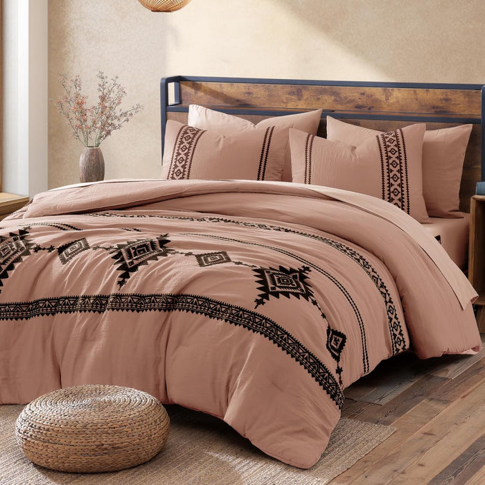 MaiRêve Burnt Orange Embroidery Comforter Set King Size - 7 Pieces, Farmhouse Western Bedding Sets All Season, Boho Bed in A Bag King with Sheets, Comforters, Pillowcases & Shams