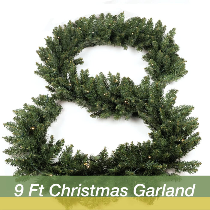 Christmas Garland 9ft with 50 Led, 320 Tips Prelit Fraser Fir Xmas Garland with 50 LED Lights, Lush and Classics Green Style for Indoor Outdoor Home Decoration