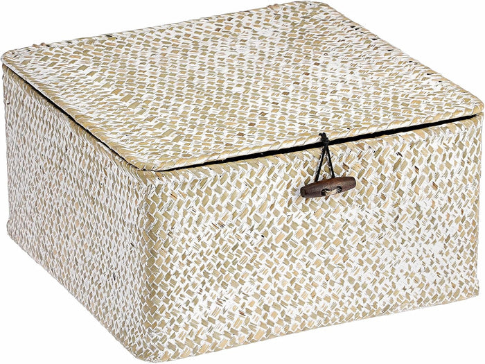 Hipiwe Handwoven Seagrass Basket Bin Square Household Storage Container with Lid Wicker Shelf Basket Bin for Bookshelf Living Room Bath Room, Large Caramel