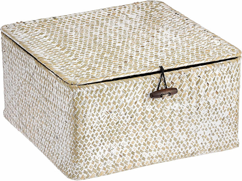 Hipiwe Handwoven Seagrass Basket Bin Square Household Storage Container with Lid Wicker Shelf Basket Bin for Bookshelf Living Room Bath Room, Large Caramel
