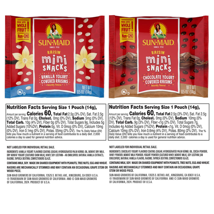 Sun-Maid Vanilla & Chocolate Yogurt Coated Raisins Variety Pack - (36 Pack) 0.5 oz Mini Snack-Size Bag - Yogurt Covered Dried Fruit for Lunches and Back to School Snacks (Amazon Exclusive)