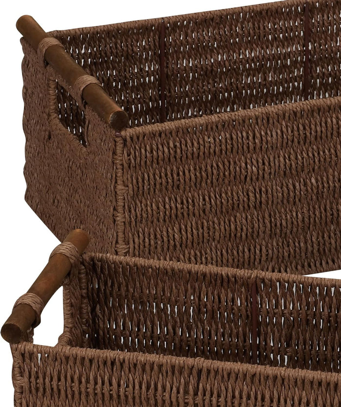 Household Essentials Decorative Woven Baskets Set of 3, Paper Rope with Wood Handles and Metal Frame, Small, Medium and Large, Brown
