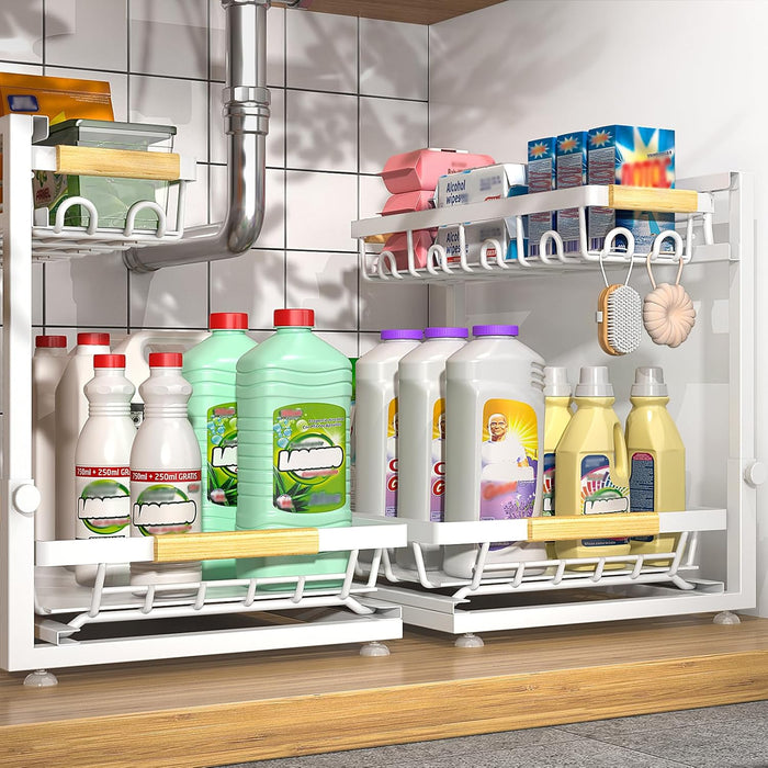 2 Packs Under Sink Organizer, High Adjustable 2 Tier Under Kitchen sink organizer, Multi-Purpose Storage Shelf for Kitchen Bathroom Cabinet (Black)