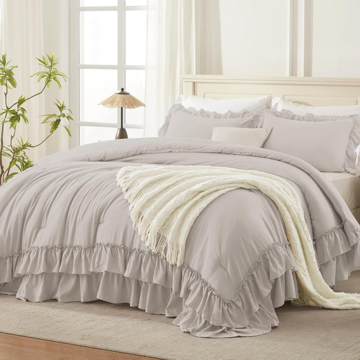 Andency Beige Full Size Comforter Set, 3 Pieces Farmhouse Shabby Chic Ruffle Comforter, Soft Lightweight Fluffy All Season Microfiber Bedding Comforter Set for Kids, Girls, Women
