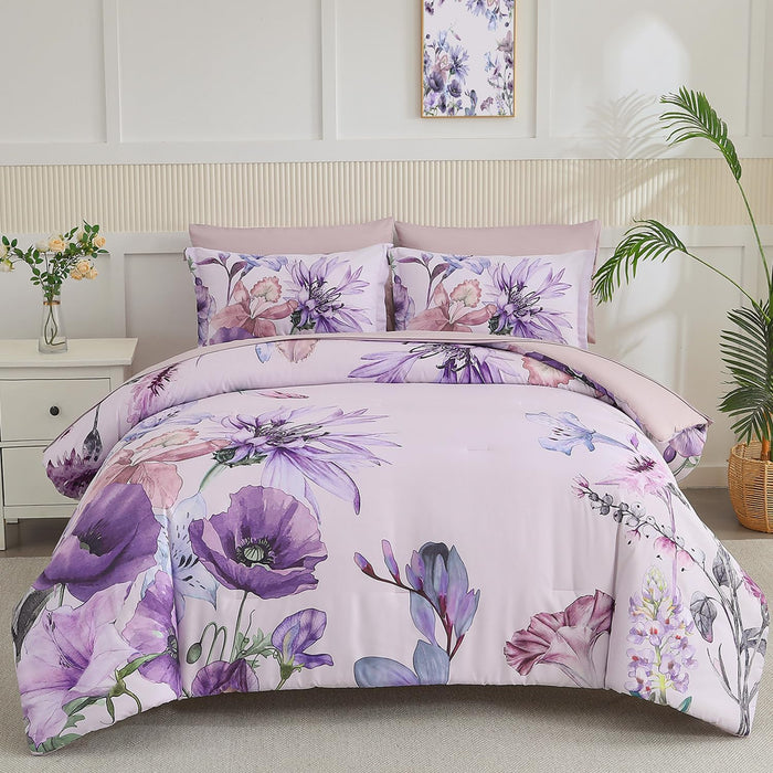 Yogeneg Queen Comforter Set 7 Piece Bed in a Bag,Elegant Floral Botanical Pattern Pink Bedding Set,Soft Microfiber Comforter with Sheet Set,All Season Bed Set(Blush Floral,Queen)