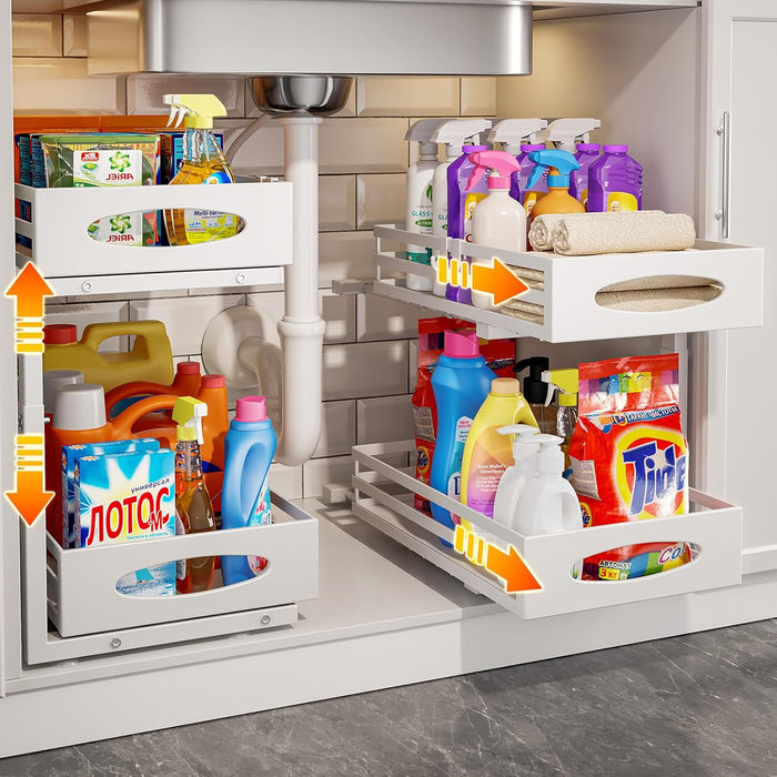 Under Sink Organizer, 2 Tier Under Sink Organizers and Storage, Adjustable Height, Slide Out Metal Cabinet Organizers, Pull Out Cabinet Storage Drawer Shelf for Kitchen Bathroom Gray, 2 Pack