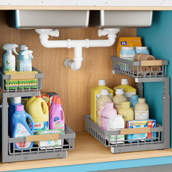 Under Sink Organizers and Storage,2 Packs 2 Tier Sliding Pull Out Cabinet Storage Shelf, Metal Drawer for Kitchen Bathroom Cabinet, Under Sink Organizer Organization Rack, Rust-Resistant Black