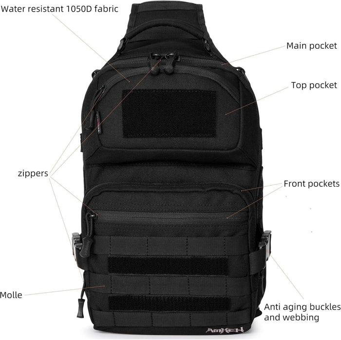 Military Tactical Crossbody Sling Bag One Strap Backpack 15L Black | Fit 12 Inch Laptop, Molle, Travel, Hiking, Daily Use