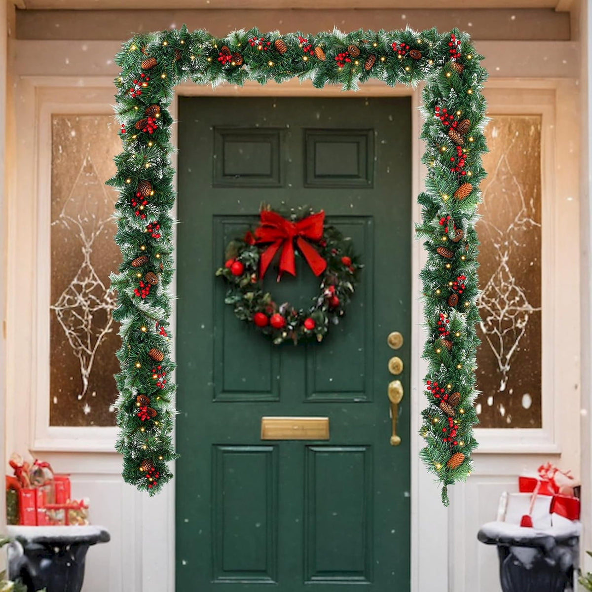 9ft Pre-Lit Artificial Christmas Garland,Christmas Tree Garland,Xma Tree Garland with Lights,Decorated with Pine Cones, Berry Clusters, Plug in, Christmas Collection,