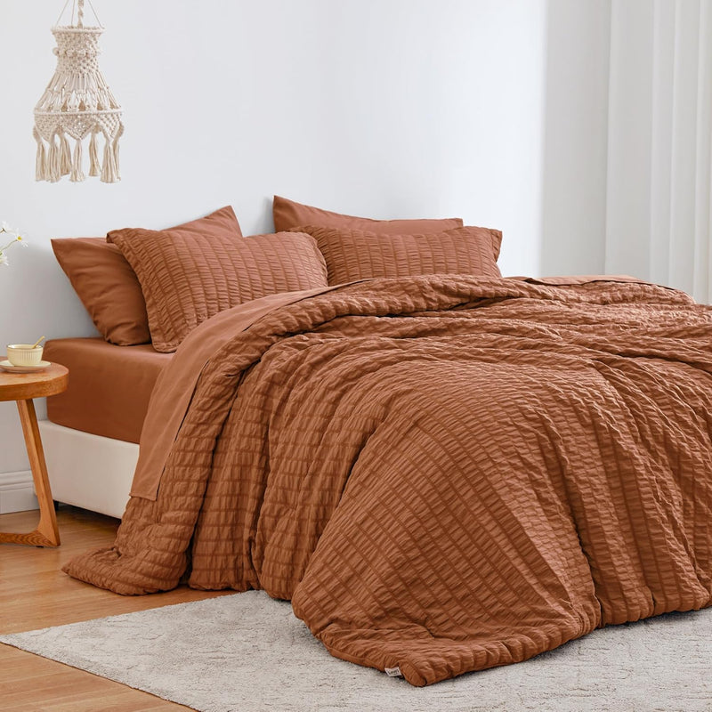 Love's cabin Seersucker Dark Grey Queen Comforter Set 7 Pieces, All Season Bedding Set, Queen Bed in a Bag Comforter Set with Comforter, Flat Sheet, Fitted Sheet, Pillowcase and Pillow Sham