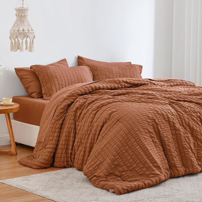 Love's cabin Seersucker Dark Grey Queen Comforter Set 7 Pieces, All Season Bedding Set, Queen Bed in a Bag Comforter Set with Comforter, Flat Sheet, Fitted Sheet, Pillowcase and Pillow Sham