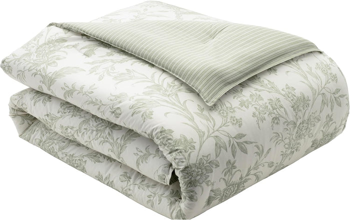 Laura Ashley - King Comforter Set, Soft & Reversible Cotton Bedding, Medium Weight 7 Piece Bed Set with Matching Pillowcases, Euro Shams & Bonus Throw Pillow Covers (Bramble Floral Green)