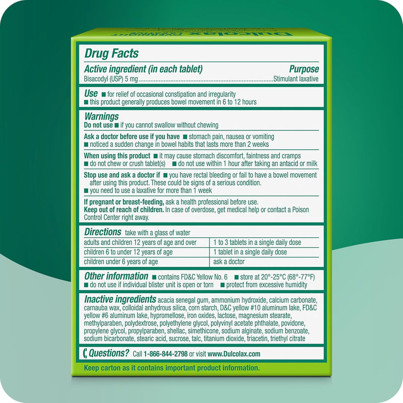 Dulcolax Stimulant Laxative Tablets, Predictable & Effective Constipation Relief, Relieves Straining & Bloating, Bisacodyl 5 mg, 50 Count