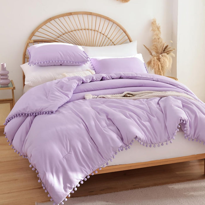 YIRDDEO Queen Comforter Set - Comforter Queen Size Sets with Ball Pom Fringe, Soft Bedding Set for All Seasons - 3 Pieces, 1 Comforter (90"x90") & 2 Pillow Shams (20"x26"), Taupe