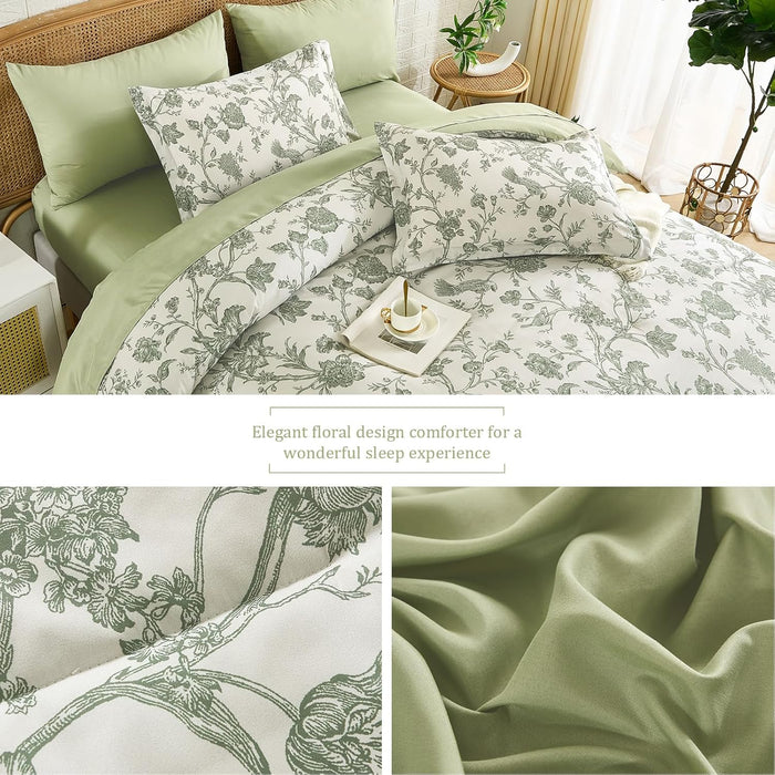 Luxudecor Floral Queen Comforter Set 7 Pieces Bed in a Bag, Sage Green Flower with Bird Bedding Set, Soft Reversible Comforter with Sheet Set 90"x90"