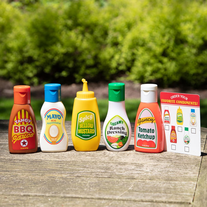 Melissa & Doug 5-Piece Favorite Condiments Play Food Set Play Ketchup and Mustard Bottles, Pretend Food Set for Kids Ages 3+