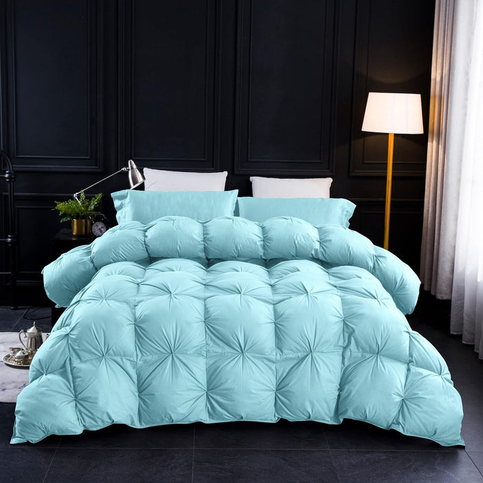 Three Geese Pinch Pleat Waterfowl Feathers and Down Comforter Cal King Size Duvet Insert,750+ Fill Power,1200TC 100% Cotton, Premium All Seasons Aqua-Sky Warm Hotel Comforter with 8 Tabs.