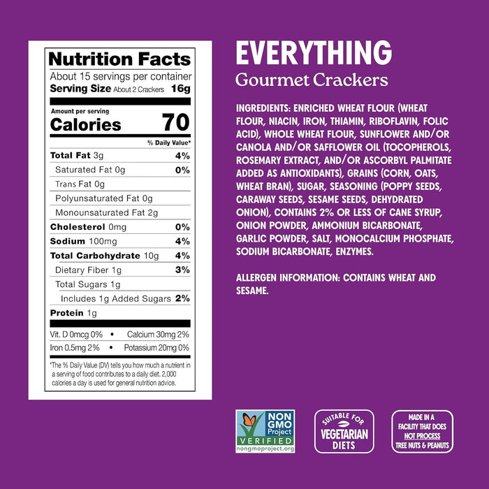 Milton's Gourmet Crackers, Everything - Non-GMO Project Verified, Natural Ingredients, Kosher, Everything Bagel Inspired, Great for Charcuterie Boards - 8.4 Oz