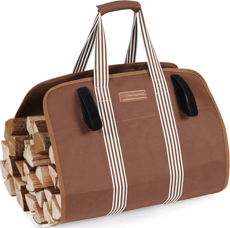 Waxed Canvas Log Carrier Tote Bag, Extra Large Durable Firewood Holder with Handles and Shoulder Strap, Heavy Duty Wood Carrying Bag for Fireplaces & Wood Stoves Khaki