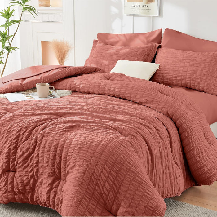 HYMOKEGE Beige Queen Comforter Set Seersucker 7 Pieces, All Season Luxury Bed in a Bag for Bedroom, Bedding Set with Comforters, Sheets, Pillowcases & Shams