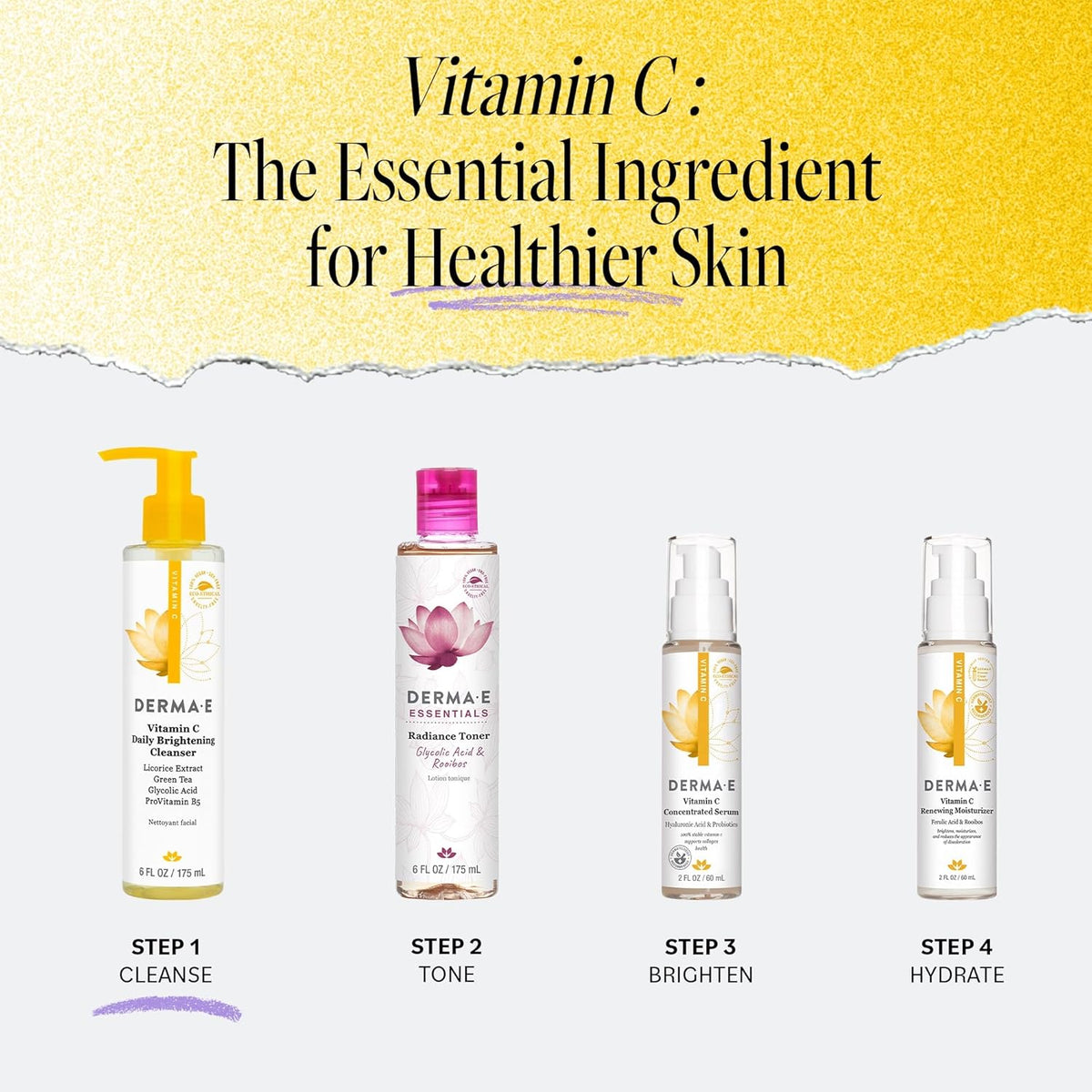 Derma E Vitamin C Daily Brightening Cleanser, 6 Fl Oz, Hydrating Cleanser to Help Even Skin Tone, Moisturizing Face Wash for a Radiant Glow