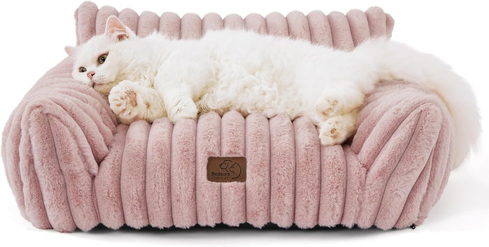 Bedsure Cute Cat Couch for Pets - Fluffy Cat beds with Premium Soft Corduroy Fleece, Fuzzy Cats beds for Indoor Cats with Removable Washable Cover, Supportive Pet Sofa, 24inch, Cream