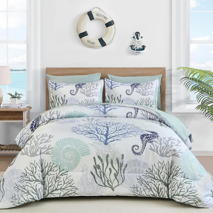 WONGS BEDDING Coastal Comforter Set Queen, Beach Themed Comforter,7 Pieces Ocean Nautical Seaweed & Starfish Bed in a Bag (90"×90")