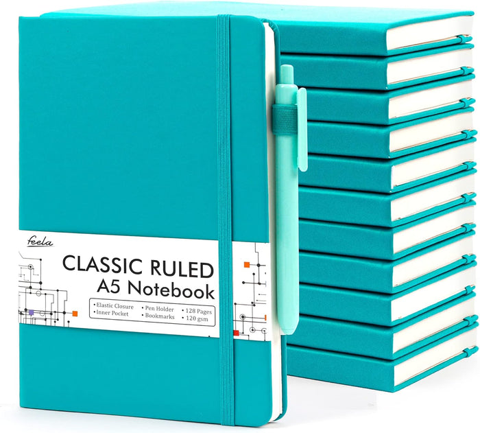 12 Pack Notebooks Journals Bulk with 12 Black Pens, Feela A5 Hardcover Notebook Classic Ruled Journal Set with Pen Holder for School Business Work Travel Writing, 120 GSM, 5.1”x8.3”, Gray