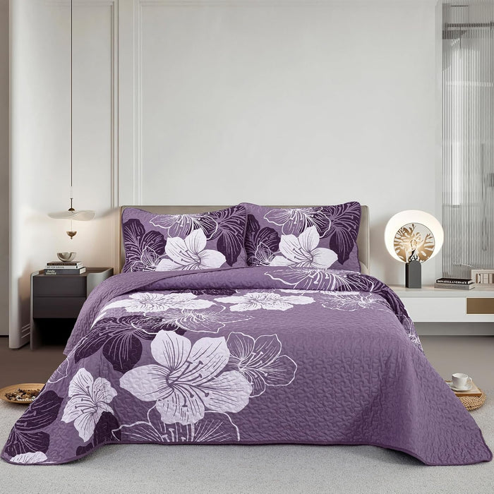 DJY 3 Pieces Quilt Set King Blue Floral Pattern Quilt Coverlet Elegant Bohemian Bedspread with 2 Pillow Shams Soft Lightweight Bedding Quilt Set for Adults (Blue, 104"x90")