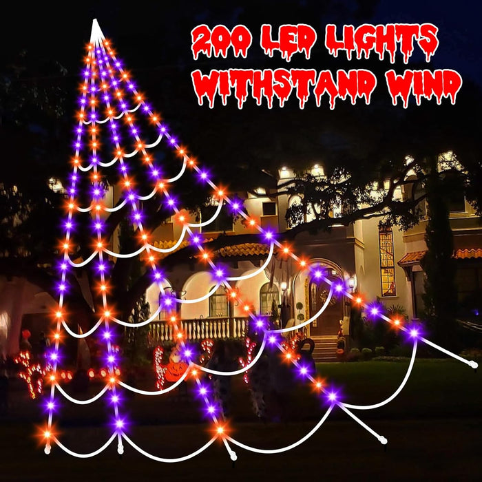 Halloween Decorations Spider Webs Lights: 200 Purple & Orange LED Halloween Lights Decor Outdoor, 17.4Ft Giant Spiderweb with 8 Lighting Modes Waterproof & Timer, Halloween Yard Decorations Outside