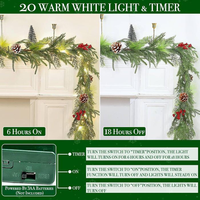 6 Ft Pre-lit Christmas Garland with Lights Timer, Real Touch Norfolk Pine Garland Green Cedar Garlands Pine Needle Cypress Leaves Pinecone Red Berries Lighted Garland for Fireplace Table Xmas Decor