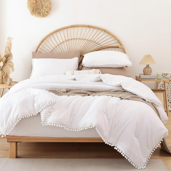 YIRDDEO Queen Comforter Set - Comforter Queen Size Sets with Ball Pom Fringe, Soft Bedding Set for All Seasons - 3 Pieces, 1 Comforter (90"x90") & 2 Pillow Shams (20"x26"), Beige
