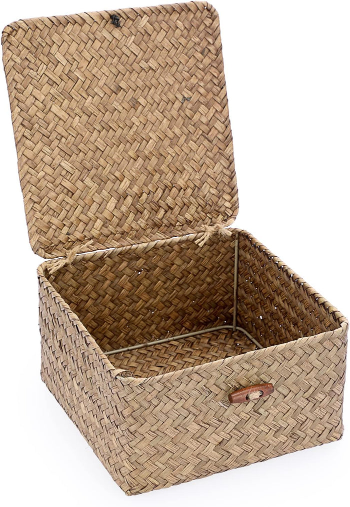 Hipiwe Handwoven Seagrass Basket Bin Square Household Storage Container with Lid Wicker Shelf Basket Bin for Bookshelf Living Room Bath Room, Large Caramel