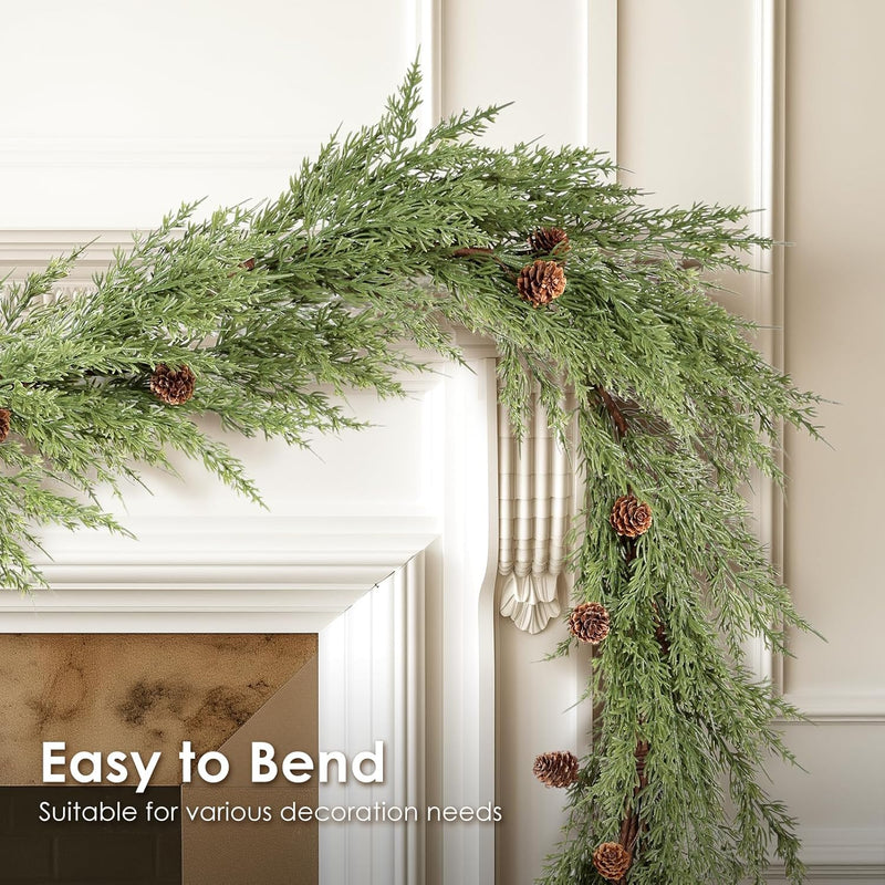 WBHome Real Touch Cypress Cedar & Pine Cone Evergreen Garland for Christmas Holiday Seasonal Outdoor/Indoor Home Decor, 9FT Long