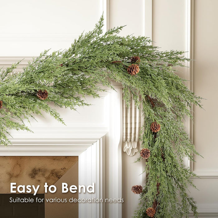 WBHome Real Touch Cypress Cedar & Pine Cone Evergreen Garland for Christmas Holiday Seasonal Outdoor/Indoor Home Decor, 9FT Long