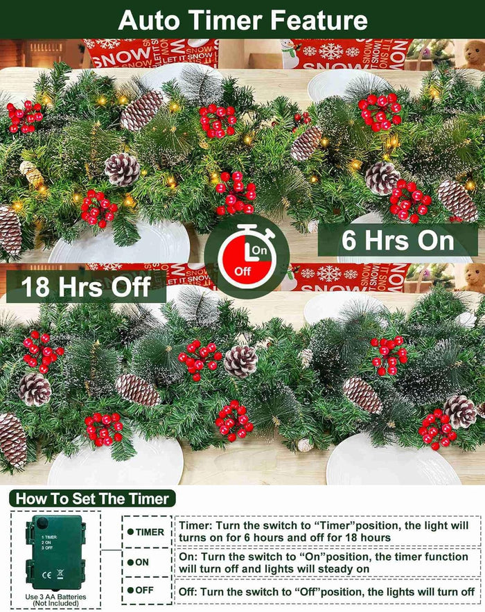 6 Ft by 10 Inch Pre-lit Artificial Christmas Garland with 30 Warm Lights Timer Battery Operated 150 Snowy Bristle Pine Branches 56 Red Berries 8 Pinecones Xmas Decor for Home Indoor Mantle Fireplace