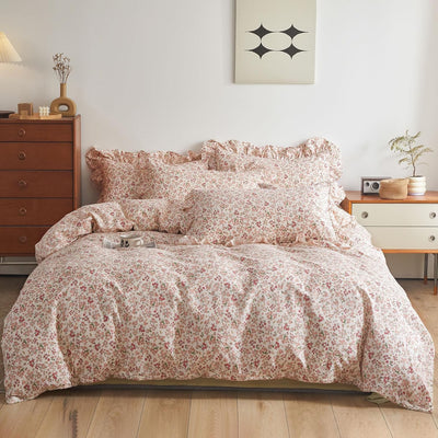 LifeTB Pink Flower Comforter Set Queen Floral Printed Aesthetic Bedding Set Vintage Garden Style Floral Comforter with 2 Pillowcases Girls Cute Flower Botanical Bedding Queen Bed Comforter Set