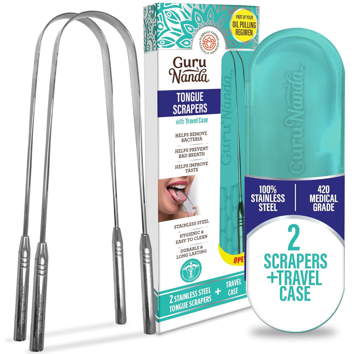 GuruNanda Tongue Scraper for Adults (2 Pack) with Travel Case, 420 Medical-Grade 100% Stainless Steel Tongue Cleaner, Aids in Fresh Breath & Oral Care