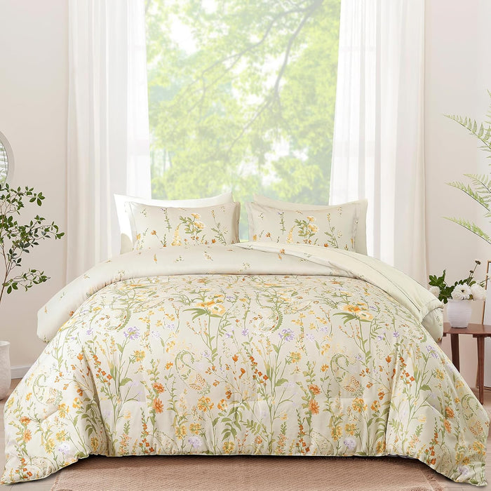 Yiran 7 Piece Pink Green Floral Comforter Set Queen Size, Cute Watercolour Botanical Comforter Bedding Set, Bed in a Bag Queen, Soft Microfiber Complete Bedding Set with Sheets for All Season
