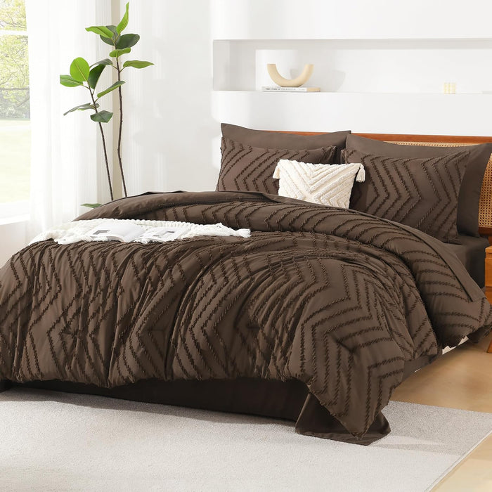 Litanika California King Size Comforter Set with Sheets Beige - 7 Pieces Bed in a Bag Cal King Chevron Tufted Complete Bedding Sets with Comforter, Sheets, Pillowcases & Shams